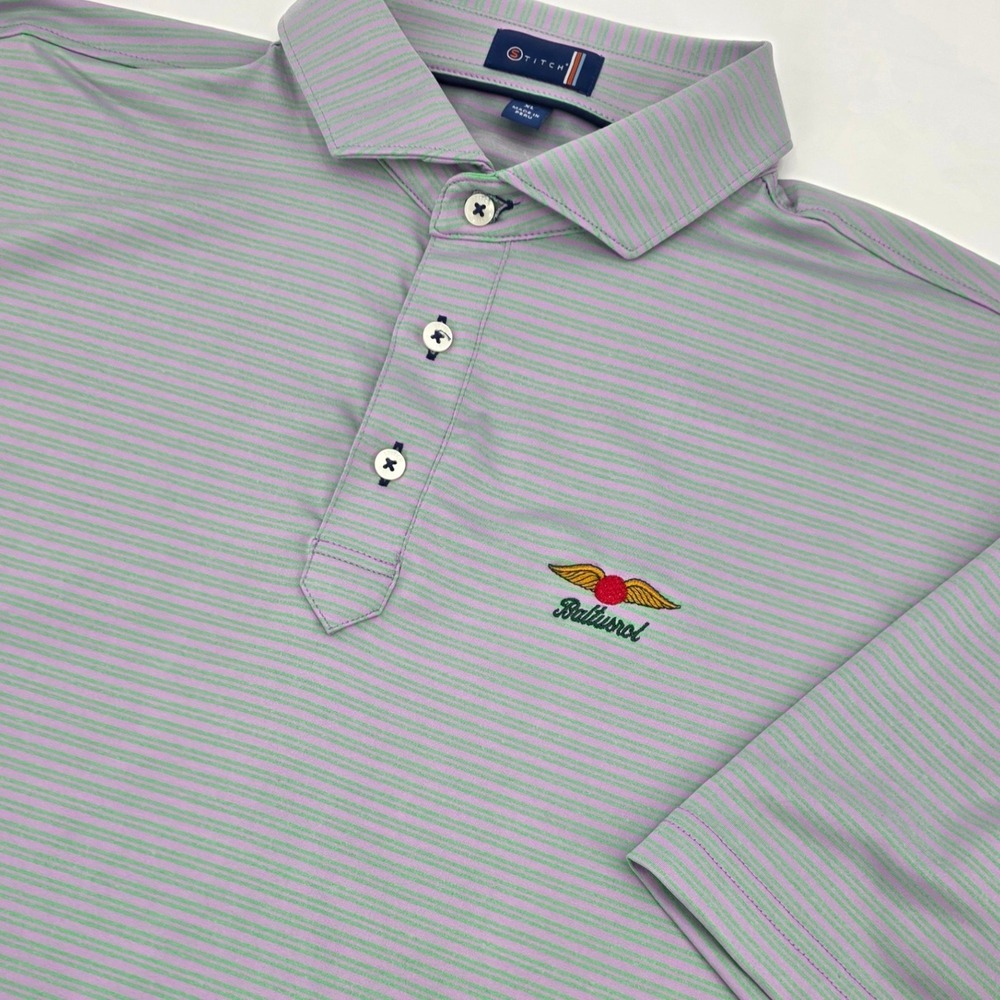 STITCH POLO BALTUSROL GOLF CLUB MENS XL PURPLE GREEN STRIPED PERFORMANCE PREPPY